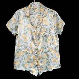 Laura Ashley Pajama Set Womens Medium Satin Lemon Print Short Sleeve Shorts